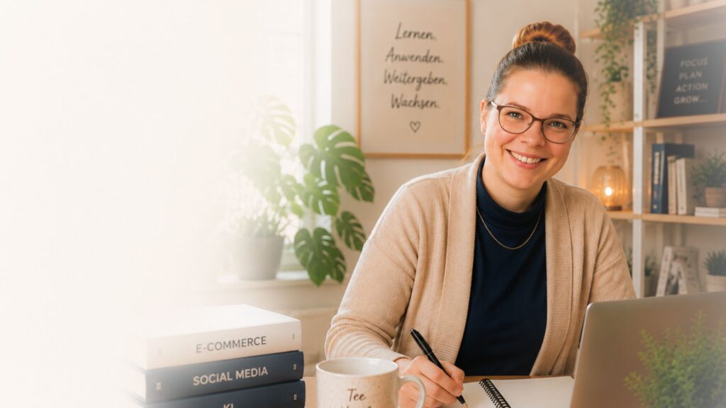 Margret Moldenhauer am Schreibtisch mit Laptop, Notizbuch und Büchern beim Arbeiten an E-Commerce- und Blogthmen.